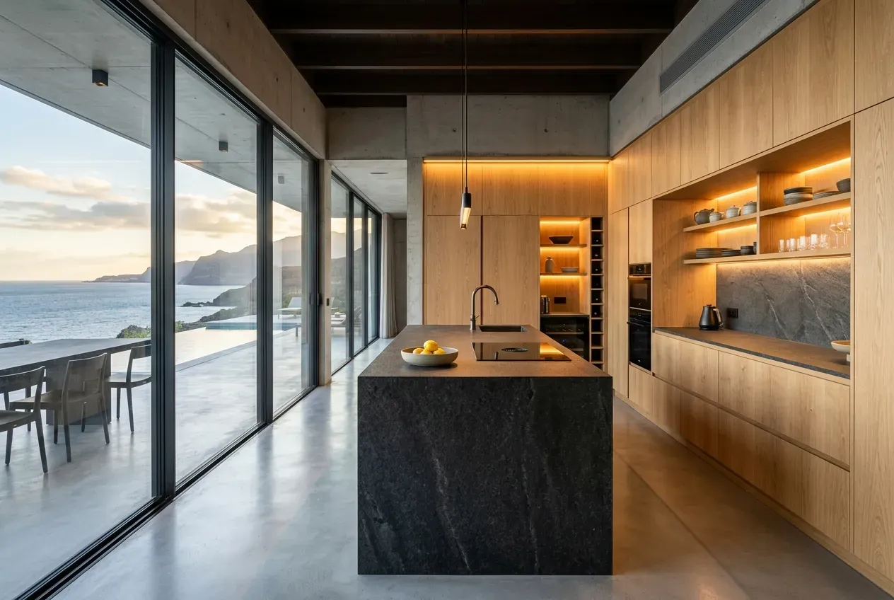Cocina de diseño con piedra de basalto en villa de Gran Canaria